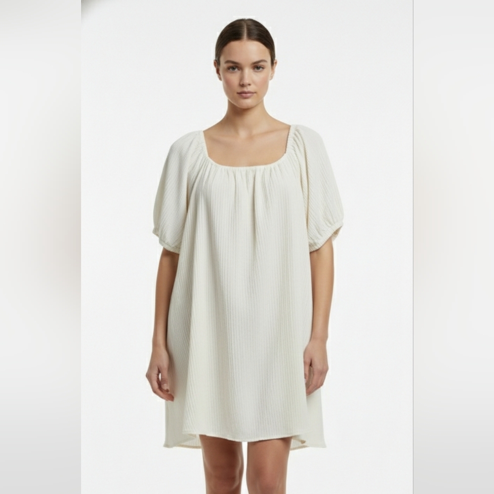 Boohoo Dress Cream Shift Coquette Boho Puff Sleeve 18 NWT